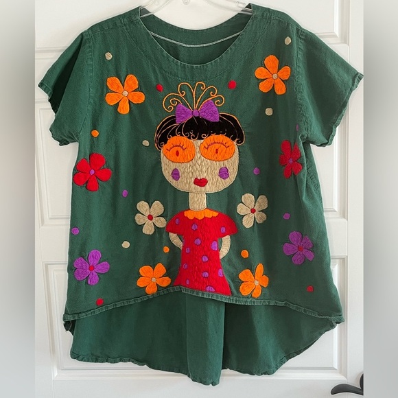 Mexican Embroidered Girl Doll Frida Kahlo Shirt Quirky Artsy Folk Art Plus Size - Picture 1 of 7